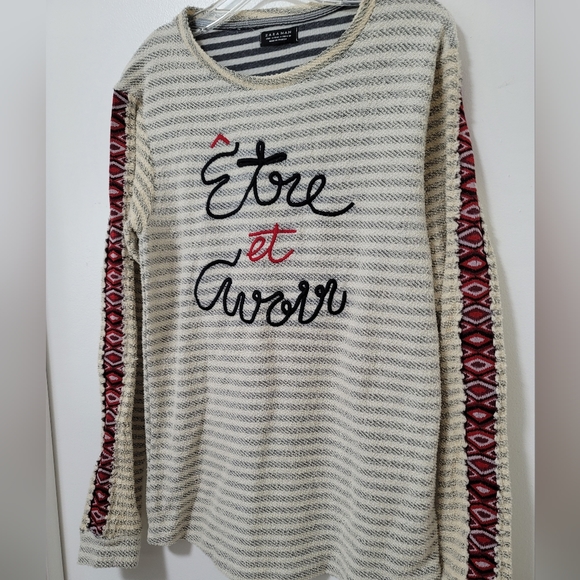 Zara Man Rare Blue Ivory Striped Long Sleeve Cotton Terry Graphic Tee Size Small - Picture 4 of 13